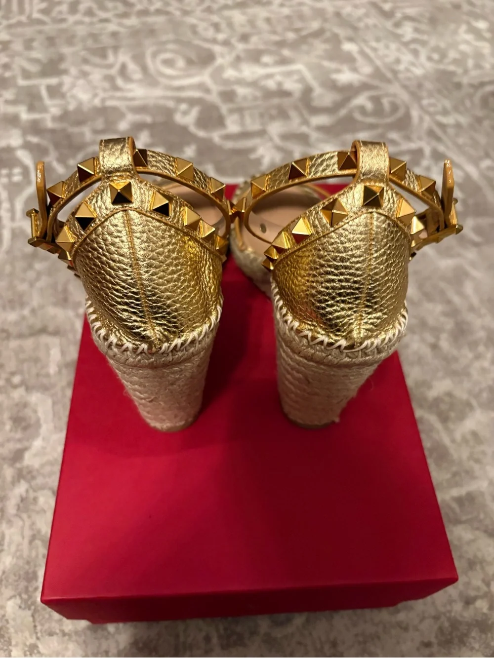 Valentino Gold Leather Ankle-Strap Wedge Espadrilles